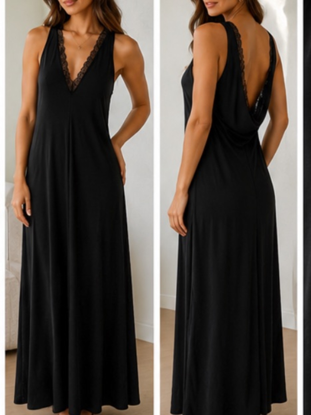 Tasha & Sophie Black Lace-Trim Halter Maxi Dress Small Flowy Stretchy V Neck